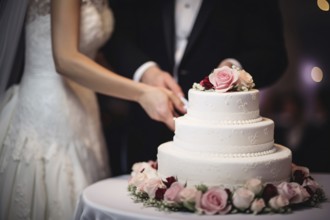 Wedding couple bride and groom cutting white cream weding cake. KI generiert, generiert, AI