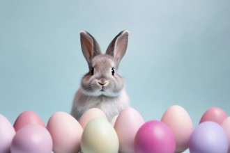 Bunny with pastel colored easter eggs. KI generiert, generiert AI generated