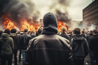 Back view of young men in street riot with fire burning in city. KI generiert, generiert AI