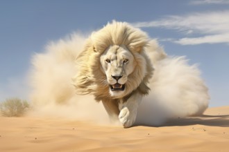 Male Lion running in the desert, Africa, AI generated