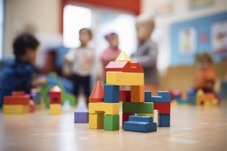 Colorful building stones toys with children daycare scene in blurry background. KI generiert,