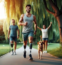 A man with an amputated leg and prosthesis jogs while being cheered on, symbolic image people with