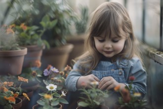 Child taking care of small plant seedlings in greenhouse. KI generiert, generiert, AI generated