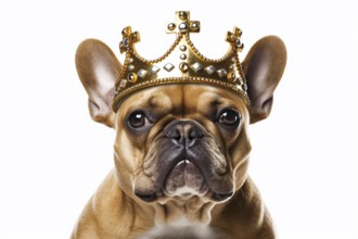 French Bulldog dog with golden crown on white background. KI generiert, generiert, AI generated