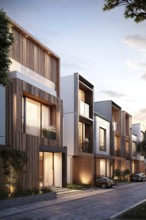 AI generated row of modern modular private townhouses featuring wooden cladding distinct panels