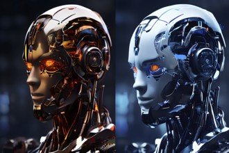 Advanced humanoid robot heads illustrating future robot concepts, AI generated