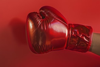 Bright red boxing glove on studio background. Generative AI, AI generated