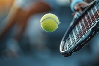 Close up of tennis racket hittng ball. Generative AI, AI generated