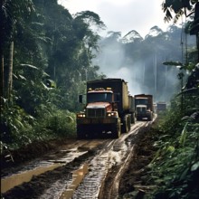 Trucks loaded with freshly cut timber wind through the narrow paths of the diminishing amazon