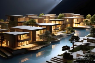 Modern architectural model crafted from polished wood bathed in soft diffuse light, AI generated