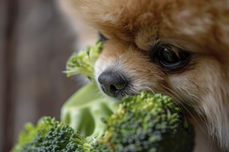 Close up of Pomeranian dog eating raw broccoli vegetable. Generative Ai, AI generated