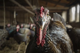 Close up of turkey bird in stable. Generative AI, AI generated