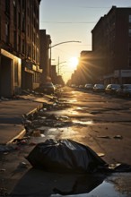 Plastic garbage bag abandoned of a desolate empty city street, AI generated