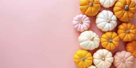 Banner with oange, pink and white pumpkins on side of pastel pink background with copy space.