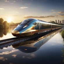 High speed train with an aerodynamic nose modeled after the beak of a kingfisher, AI generated