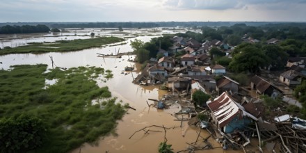 Aerial view showcases the extensive demolition within a village in massive water flood, AI