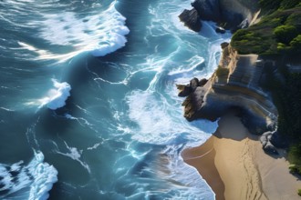 Aerial view of massive blue ocean wave to crash on a sandy beach, AI generated