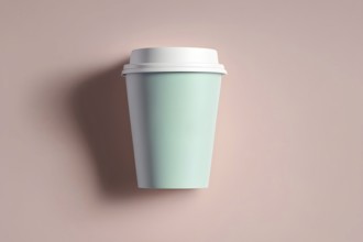 Pastel green paper coffee cup on pink background. Generative AI, AI generated