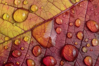 Close up of water droplets on red and yellow autumn leaf. Generative Ai, AI generated