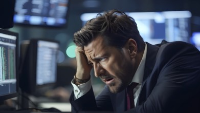 Stock trader in stress and panic in a market crash, AI generated