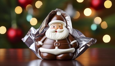 Chocolate Father Christmas, half wrapped in aluminium foil, in front of a Christmas background,