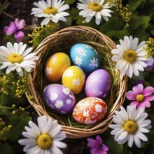 Vibrant-colored Easter eggs in a wicker basket, surrounded by delicate spring flowers, AI generated