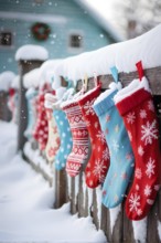 Row of Christmas stockings hanging from a snow-covered wooden fence, with delicate frost patterns