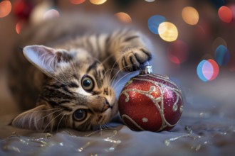 Cute tabby cat playing with red Christmas tree bauble. Generative AI, AI generated