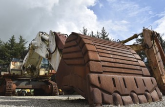 Old chain excavator, excavator on a building site, Denmark, Europe