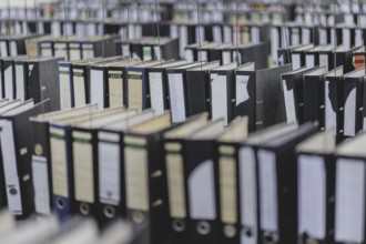 File folders stand in front of the Federal Chancellery as part of a protest action by the German