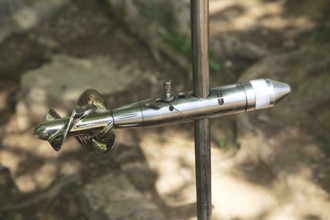 Close up of impeller flowmeter used for measuring water velocity in river