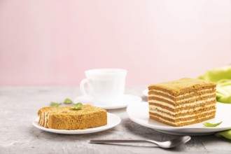 Homemade honey cake with milk cream and mint with cup of coffee on a and pink background and green