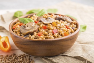 Spelt (dinkel wheat) porridge with vegetables and mushrooms in wooden bowl on a white wooden