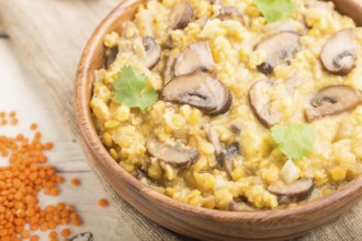 Lentils porridge with champignons and coriander in a wooden bowl on a white wooden background and