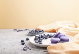 Purple macarons or macaroons cakes with blueberries on white ceramic plate on a gray and orange