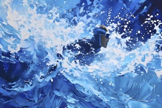 Abstract painting capturing the fluidity of swimmers swirls of various blue colors, AI generated,