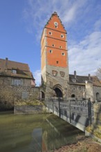 Wörnitz gate with Wörnitz stream, town gate, Dinkelsbühl, Middle Franconia, Franconia, Bavaria,