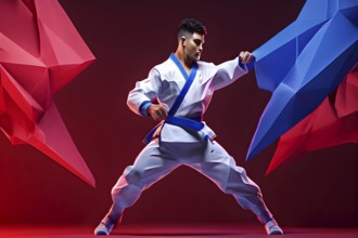 Abstract digital render of a teakwondo athlete morphing into fluid shapes of french tricolore, AI