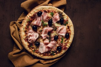 Pizza with prosciutto and mushrooms, bacon, olives, homemade, top view, no people