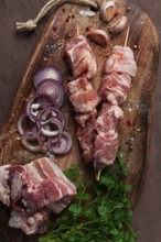 Raw pork meat, on wooden sticks, pickled kebab, with spices, top view, no people