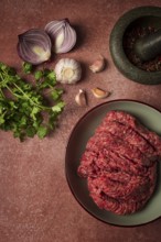 Fresh minced meat, raw, with spices and ingredients. on the table, preparation, top view