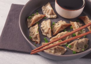 Japanese Gyoza dumplings, fried, with sauce, top view, without people, tinted, selective focus