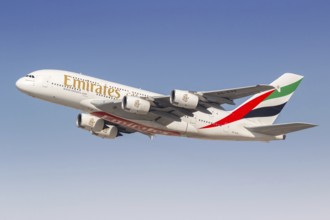 An Emirates Airbus A380-800 aircraft with the registration number A6-EVB at the airport in Dubai,