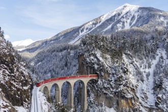 Rhaetian Railway train at the famous Landwasser Viaduct on the Albula railway Stadler Rail