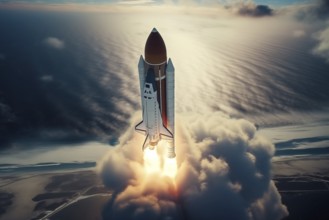 Aerial view of a rocket shuttle carrier launch at sunrise over an ocean coast. The rocket is