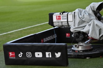 TV camera, rain cover, Bundesliaga logo, Voith-Arena, Heidenheim, Baden-Württemberg, Germany,