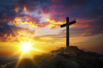 Easter concept cross on Golgotha Calvary hill against a dramatic sunset, AI generated