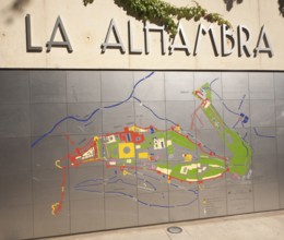 Large map on metal sheets of the Alhambra complex, Granada, Spain, Europe