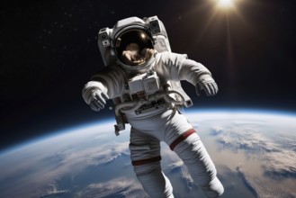 Astronaut Floating Above Earth in Space with extravehicular mobility unit and backpack. Wonder and