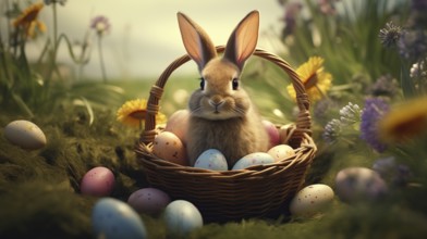 Cute Easter bunny sits beside a basket filled with colorful, decorated eggs amidst a vibrant green